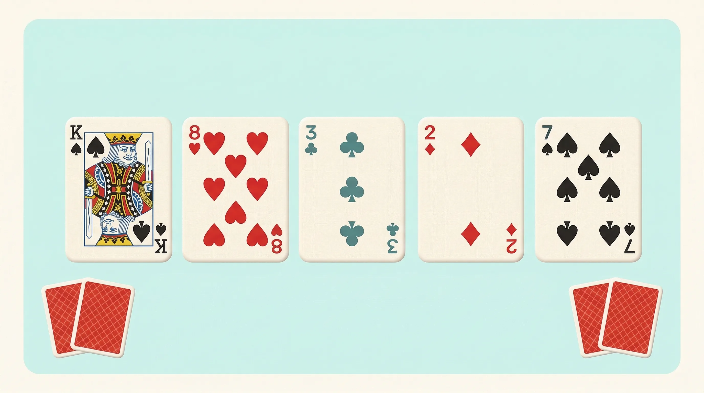 Glossary illustration showing five shared community cards on the board with two separate face-down private hole-card pairs below.