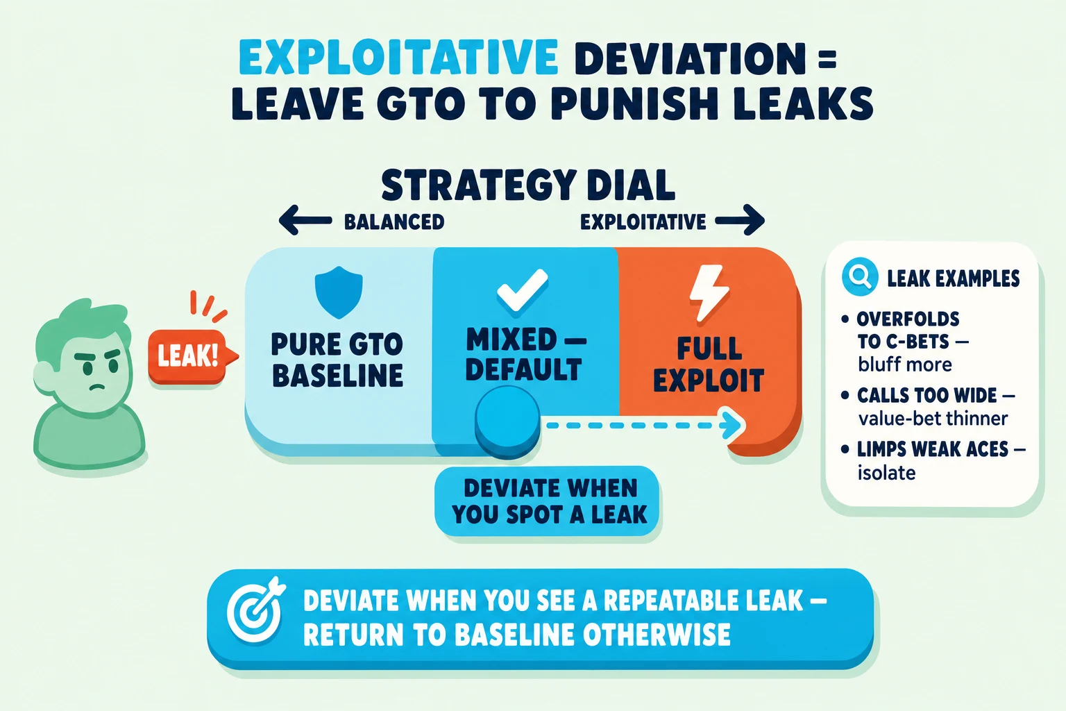 Diagram on a pale mint background under an 'EXPLOITATIVE DEVIATION = LEAVE GTO TO PUNISH LEAKS' header (EXPLOITATIVE in cyan). A horizontal STRATEGY DIAL splits into three zones: pale-cyan 'PURE GTO BASELINE' on the left, cyan 'MIXED — DEFAULT' in the middle, red-orange 'FULL EXPLOIT' on the right. A cyan slider marker sits in the middle with a cyan dashed arrow pointing toward FULL EXPLOIT, tagged 'DEVIATE WHEN YOU SPOT A LEAK'. To the left, a worried mint opponent avatar with a red-orange 'LEAK!' tag points at the dial. To the right, an info card lists leak examples: 'OVERFOLDS TO C-BETS — bluff more', 'CALLS TOO WIDE — value-bet thinner', 'LIMPS WEAK ACES — isolate'. Cyan pill at the bottom: 'DEVIATE WHEN YOU SEE A REPEATABLE LEAK — RETURN TO BASELINE OTHERWISE'.