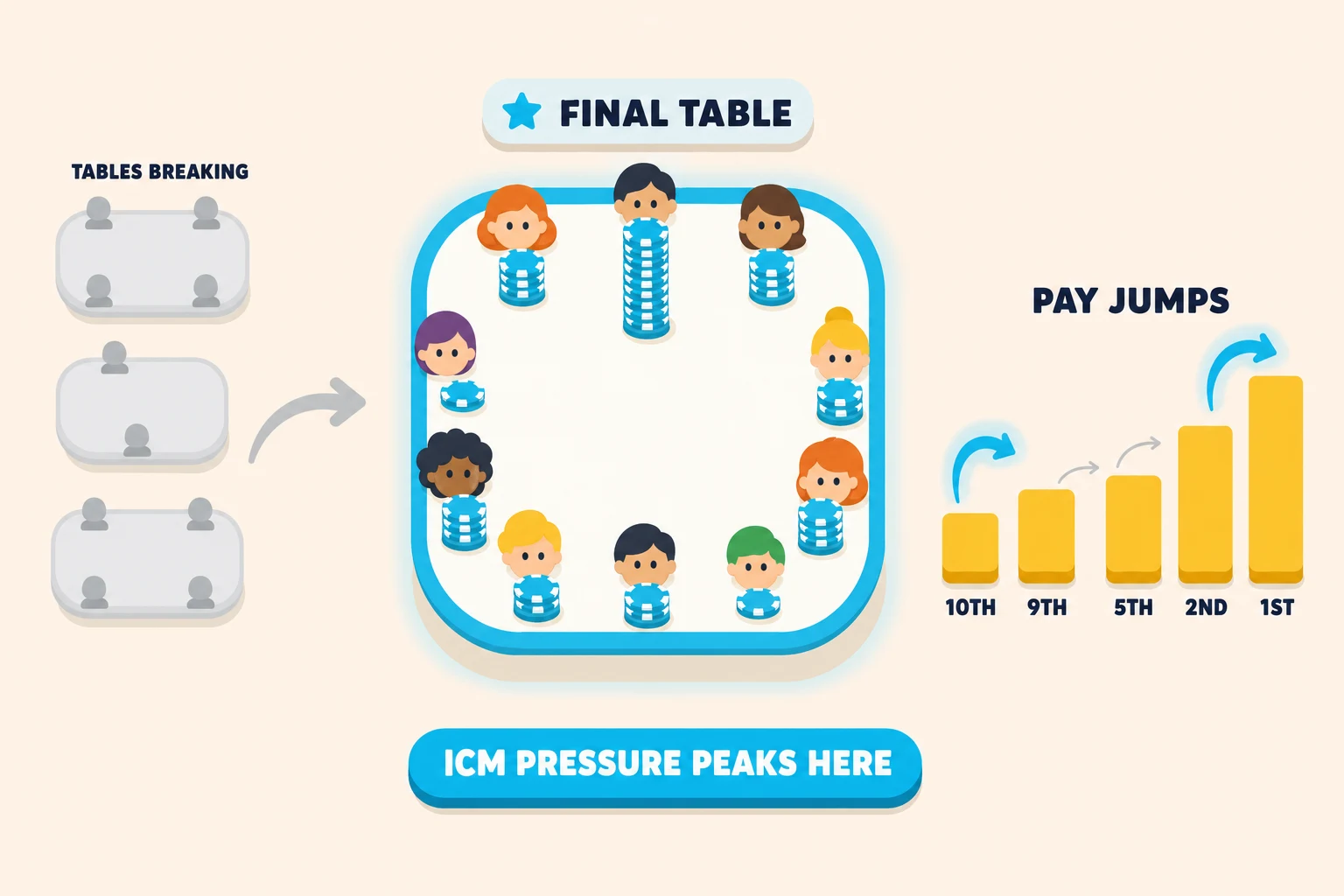 Final table illustration on pale peach: broken tables on the left feed into one cyan-rimmed table with nine seated players and chip stacks. A pay-jump bar chart on the right climbs from 10th to 1st, with cyan arrows highlighting the larger jumps and a cyan banner reading ICM pressure peaks here.