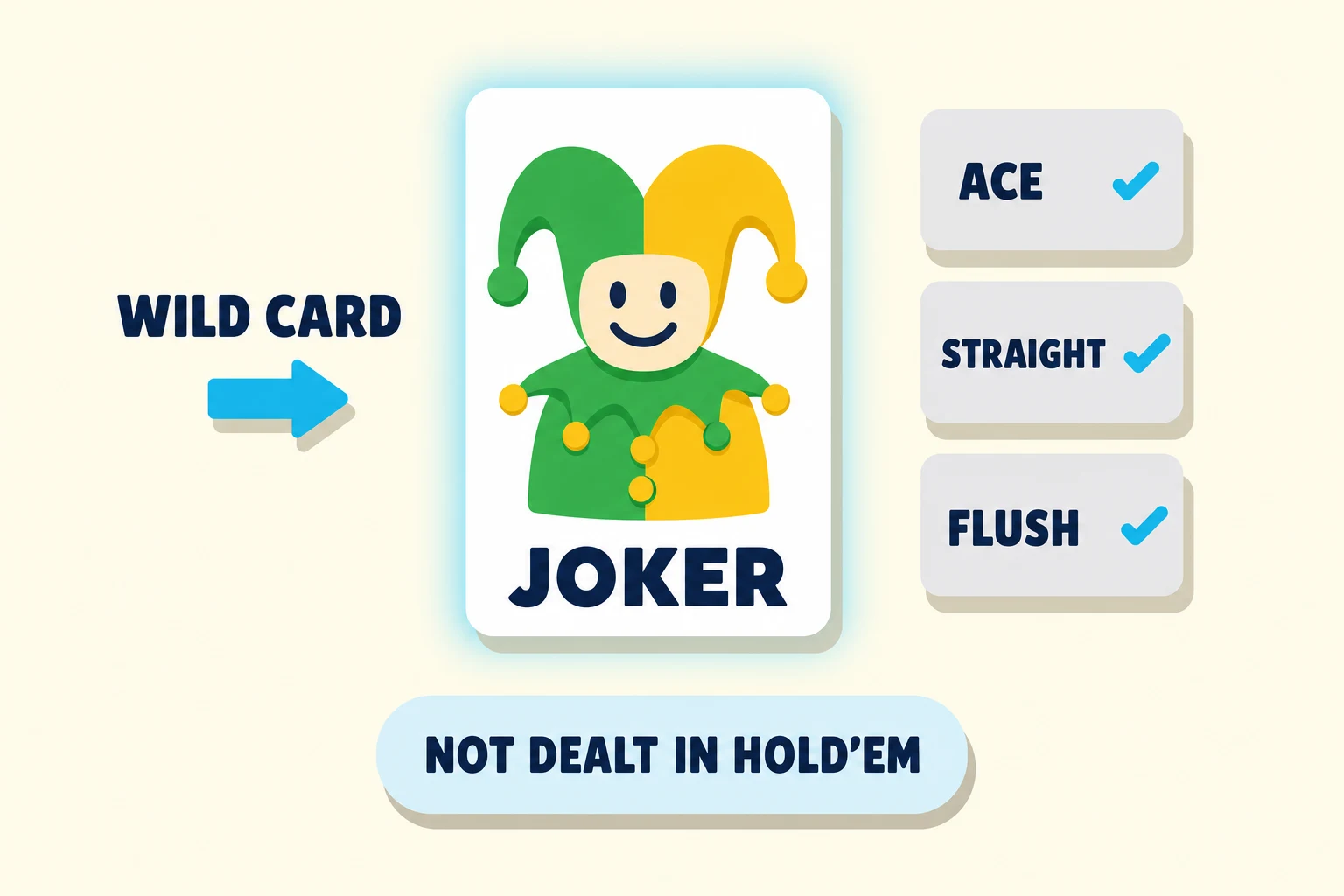Warm cream panel titled JOKER. A single upright playing card shows a flat jester figure in green and mustard with a two-point hat and the word JOKER, ringed by a cyan glow. A cyan arrow on the left points at it from the label WILD CARD. On the right, three ghosted grey cards labelled ACE, STRAIGHT and FLUSH each carry a cyan tick, showing what the joker can stand in for. A pale blue pill at the bottom reads NOT DEALT IN HOLD'EM.