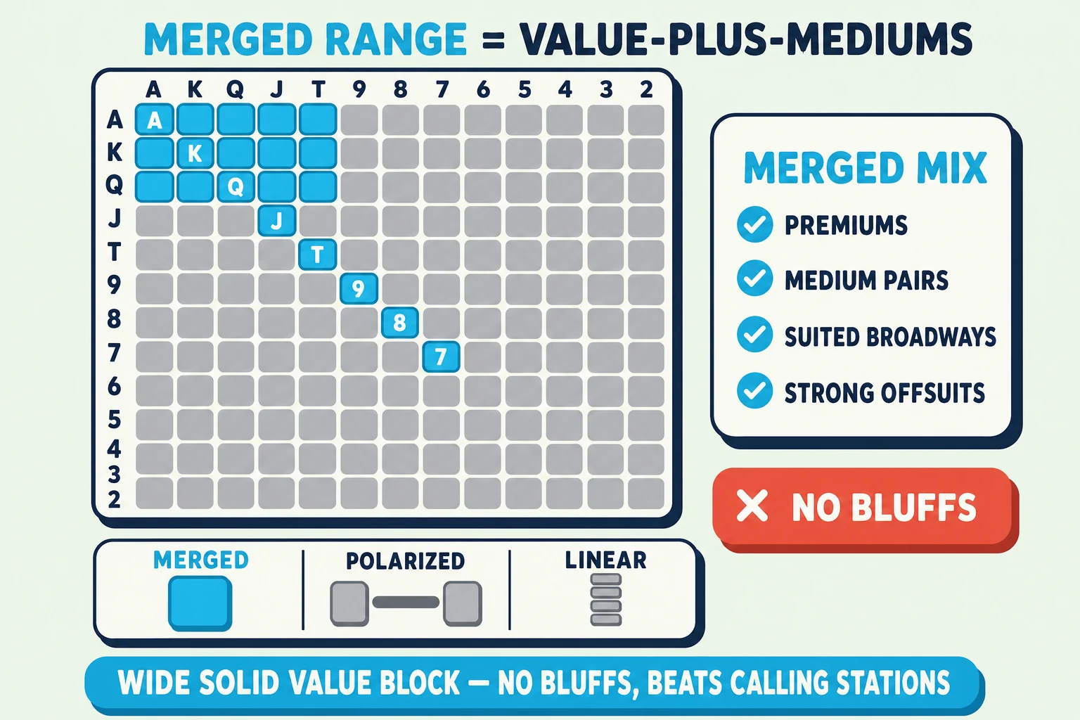 13×13 starting-hand grid on a pale mint background under a 'MERGED RANGE = VALUE-PLUS-MEDIUMS' header (MERGED RANGE in cyan). The grid axes are labelled A K Q J T 9 8 7 6 5 4 3 2 along the top and left in chunky dark-navy. Diagonal pair cells AA→77 are filled solid cyan ringed thick cyan; upper-right suited cells AKs, AQs, AJs, ATs, KQs, KJs, QJs are filled solid cyan; lower-left offsuit cells AKo, AQo, KQo are filled solid cyan; all other cells are flat grey/muted. The cyan cells form a continuous solid block clustered in the top-left including premiums plus medium pairs and suited broadways. To the right, a 'MERGED MIX' info card lists with cyan checkmarks: 'PREMIUMS', 'MEDIUM PAIRS', 'SUITED BROADWAYS', 'STRONG OFFSUITS' — and a separate red-orange '✗ NO BLUFFS' tag below. Below the grid, a comparison strip shows three icons: highlighted cyan 'MERGED' (solid block), greyed 'POLARIZED' (two-blob barbell with gap), greyed 'LINEAR' (vertical ladder). Cyan pill at the bottom: 'WIDE SOLID VALUE BLOCK — NO BLUFFS, BEATS CALLING STATIONS'.