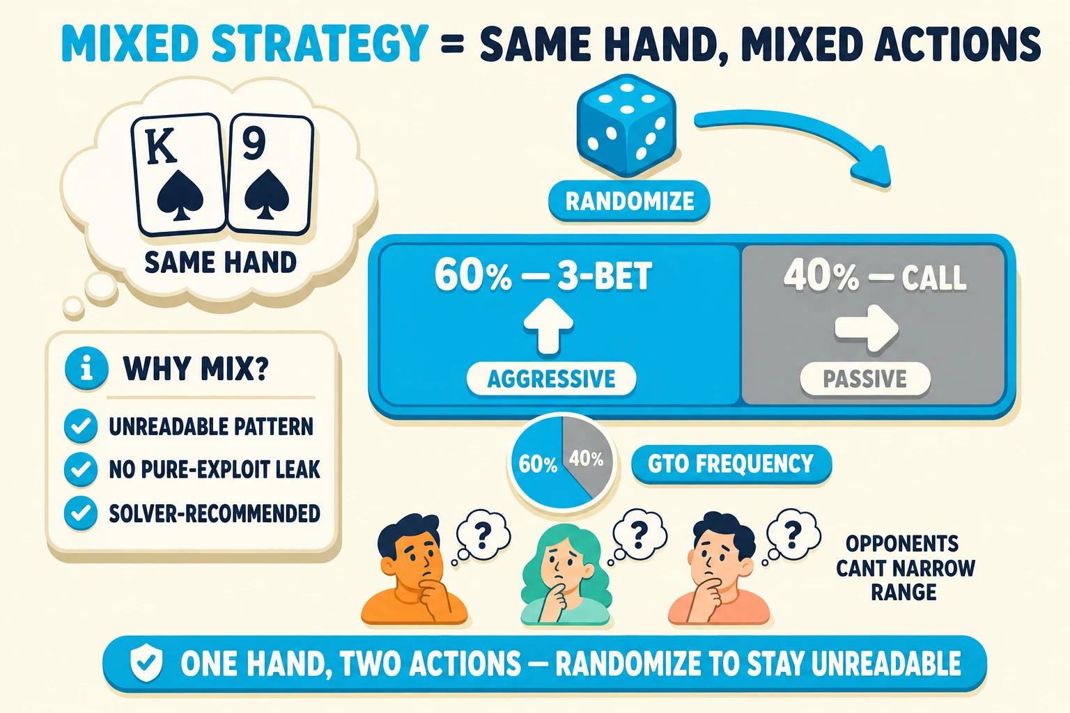 Frequency-split diagram on a warm cream background under a 'MIXED STRATEGY = SAME HAND, MIXED ACTIONS' header (MIXED STRATEGY in cyan). On the left, a thought-bubble shows two chunky hole cards K♠ 9♠ tagged 'SAME HAND'. Above the bar, a chunky cyan 6-sided dice icon with a curved cyan arrow labelled 'RANDOMIZE'. Center: a horizontal stacked percentage bar split 60/40 — left segment cyan-filled '60% — 3-BET' with a chunky up-arrow tagged 'AGGRESSIVE', right segment flat-grey '40% — CALL' with a right-arrow tagged 'PASSIVE'. Below the bar, a small cyan pie-chart icon split 60/40 with a 'GTO FREQUENCY' badge. Left side info card 'WHY MIX?' lists with cyan checkmarks: 'UNREADABLE PATTERN', 'NO PURE-EXPLOIT LEAK', 'SOLVER-RECOMMENDED'. Three small avatars (orange, mint, peach) below with grey '?' thought-bubbles tagged 'OPPONENTS CAN'T NARROW RANGE'. Cyan pill at the bottom: 'ONE HAND, TWO ACTIONS — RANDOMIZE TO STAY UNREADABLE'.