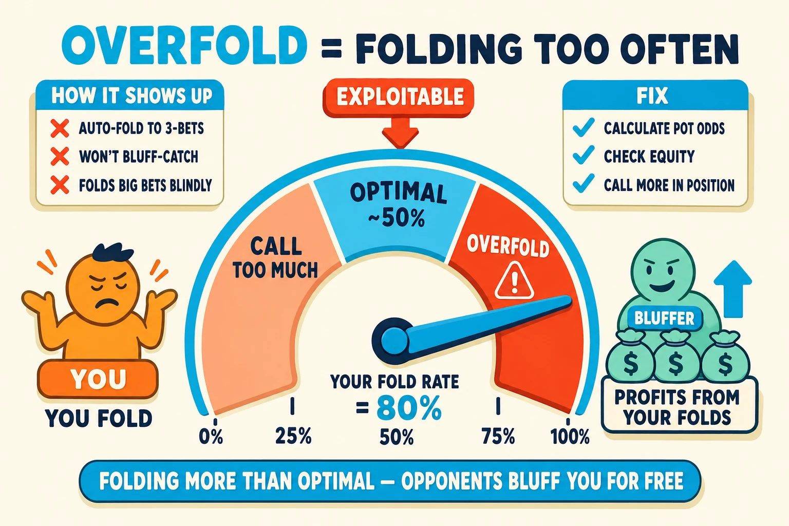 Fold-frequency dial diagram on a warm cream background under an 'OVERFOLD = FOLDING TOO OFTEN' header (OVERFOLD in cyan). Center: a chunky semicircular gauge / speedometer with three colored bands left-to-right — peach 'CALL TOO MUCH' (left), cyan 'OPTIMAL ~50%' (middle, ringed thick cyan), red-orange 'OVERFOLD' (right) with a chunky red-orange ⚠ icon. A chunky cyan-and-navy gauge needle points deep into the OVERFOLD band labelled 'YOUR FOLD RATE = 80%'. Tick marks at 0%, 25%, 50%, 75%, 100% under the arc. A red-orange 'EXPLOITABLE' pill with downward arrow sits above the gauge. Left of the gauge: an orange YOU avatar with frustrated shoulders-shrugged pose tagged 'YOU FOLD'. Right of the gauge: a mint OPPONENT avatar tagged 'BLUFFER' standing next to chip-bags tagged 'PROFITS FROM YOUR FOLDS' with a chunky cyan up-arrow. Top-left 'HOW IT SHOWS UP' info card with red-orange ✗ marks 'AUTO-FOLD TO 3-BETS', 'WON'T BLUFF-CATCH', 'FOLDS BIG BETS BLINDLY'. Top-right 'FIX' info card with cyan checkmarks 'CALCULATE POT ODDS', 'CHECK EQUITY', 'CALL MORE IN POSITION'. Cyan pill at the bottom: 'FOLDING MORE THAN OPTIMAL — OPPONENTS BLUFF YOU FOR FREE'.
