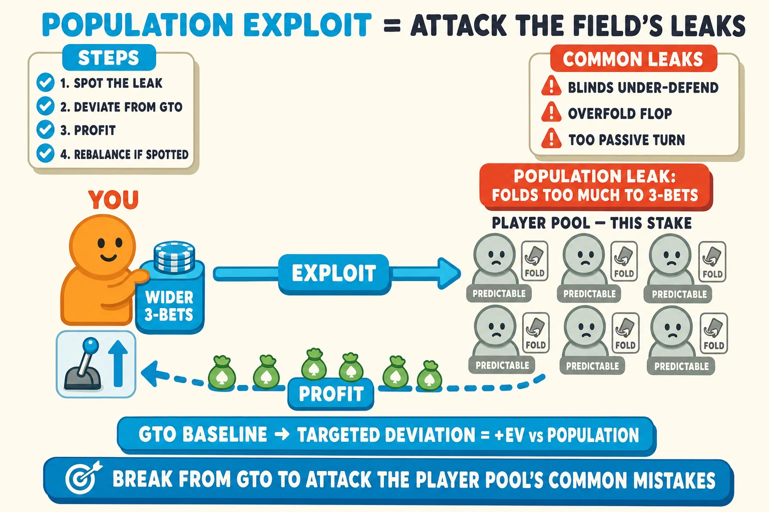 YOU-vs-crowd exploit scene on a warm cream background under a 'POPULATION EXPLOIT = ATTACK THE FIELD'S LEAKS' header (POPULATION EXPLOIT in cyan). Right: a chunky cluster of six small grey/mint avatars labelled 'PLAYER POOL — THIS STAKE' with a red-orange 'POPULATION LEAK: FOLDS TOO MUCH TO 3-BETS' pill above and small 'PREDICTABLE' tags + grey FOLD card-toss icons under each. Left: an orange YOU avatar with a chunky cyan 'WIDER 3-BETS' chip stack + lever-pull icon. Center: a thick cyan horizontal arrow flowing FROM YOU rightward toward the crowd tagged with a chunky cyan 'EXPLOIT' pill; chip-bags flow back left along a cyan dashed motion-line tagged 'PROFIT'. Top-left 'STEPS' info card with cyan checkmarks '1. SPOT THE LEAK', '2. DEVIATE FROM GTO', '3. PROFIT', '4. REBALANCE IF SPOTTED'. Top-right 'COMMON LEAKS' info card with red-orange ⚠ marks 'BLINDS UNDER-DEFEND', 'OVERFOLD FLOP', 'TOO PASSIVE TURN'. Below the scene a chunky cyan formula pill 'GTO BASELINE → TARGETED DEVIATION = +EV vs POPULATION'. Cyan pill at the bottom: 'BREAK FROM GTO TO ATTACK THE PLAYER POOL'S COMMON MISTAKES'.