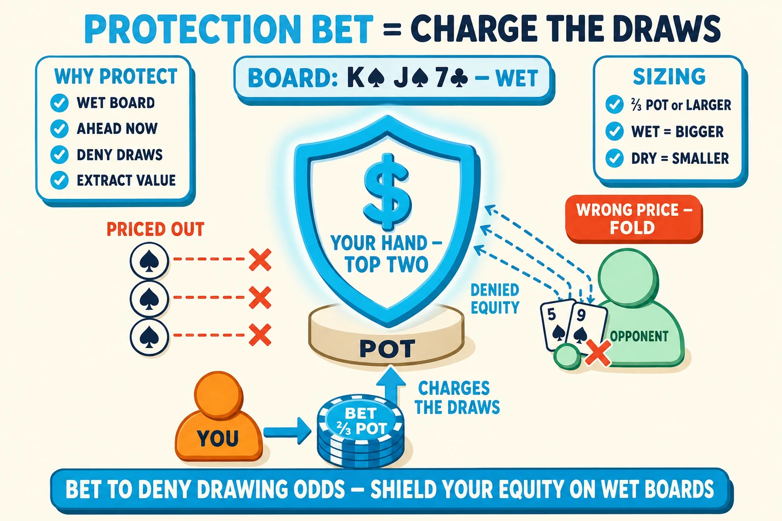 Cyan shield over a pot deflecting drawing hands on a warm cream background under a 'PROTECTION BET = CHARGE THE DRAWS' header (PROTECTION BET in cyan). Center: a chunky cyan SHIELD ringed thick cyan with a glow halo over a small POT disc, with a chunky '$' icon and 'YOUR HAND — TOP TWO' label inside. Below the shield, an orange YOU avatar with a chunky cyan 'BET ⅔ POT' chip stack and cyan up-arrow tagged 'CHARGES THE DRAWS' flowing into the pot. Right of the shield: a mint OPPONENT avatar holding two greyed-out cards 5♠ 9♠ (a flush draw) with a red-orange 'WRONG PRICE — FOLD' pill and a red-orange ✗ over the cards; cyan dashed motion-lines bounce the draw cards off the shield labelled 'DENIED EQUITY'. Left of the shield: three small spade-pip icons each marked with a red-orange ✗ tagged 'PRICED OUT'. Above the scene a chunky cyan 'BOARD: K♠ J♠ 7♣ — WET' tag listing the wet flop. Top-left 'WHY PROTECT' info card with cyan checkmarks 'WET BOARD', 'AHEAD NOW', 'DENY DRAWS', 'EXTRACT VALUE'. Top-right 'SIZING' info card with cyan checkmarks '⅔ POT or LARGER', 'WET = BIGGER', 'DRY = SMALLER'. Cyan pill at the bottom: 'BET TO DENY DRAWING ODDS — SHIELD YOUR EQUITY ON WET BOARDS'.