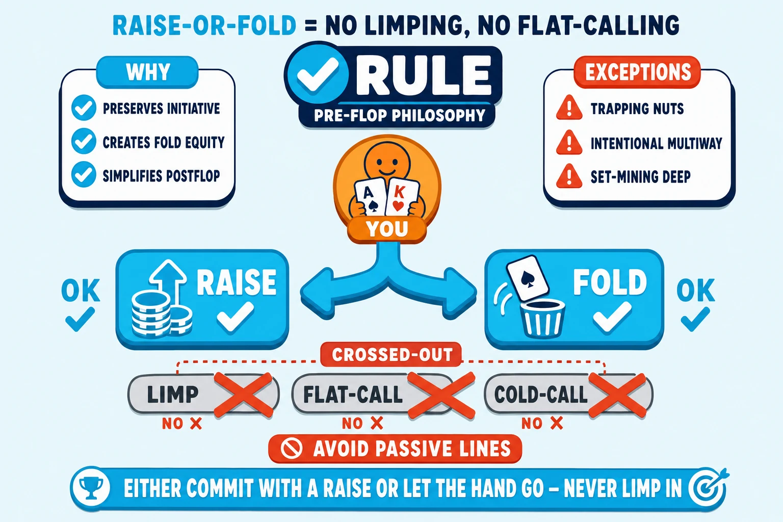 Binary-decision rule philosophy card on a pale sky background under a 'RAISE-OR-FOLD = NO LIMPING, NO FLAT-CALLING' header (RAISE-OR-FOLD in cyan). Top center: a chunky cyan-and-navy 'RULE' badge with a cyan checkmark and 'PRE-FLOP PHILOSOPHY' tag. Center: an orange YOU avatar holding hand cards. From YOU a thick cyan branching arrow forks DOWN into TWO equal paths — LEFT to a chunky cyan-fill ringed cyan 'RAISE' tile (cyan up-arrow + chip-stack icon + cyan ✓), RIGHT to a chunky cyan-fill ringed cyan 'FOLD' tile (cyan card-toss icon + cyan ✓). Both tagged 'OK ✓'. Below the binary fork: a chunky red-orange 'CROSSED-OUT' banner with a row of forbidden actions — 'LIMP ✗', 'FLAT-CALL ✗', 'COLD-CALL ✗' — each greyed pill crossed with a thick red-orange ✗ and tagged 'NO ✗'. A red-orange 'AVOID PASSIVE LINES' label below. Top-left 'WHY' info card with cyan checkmarks 'PRESERVES INITIATIVE', 'CREATES FOLD EQUITY', 'SIMPLIFIES POSTFLOP'. Top-right 'EXCEPTIONS' info card with red-orange ⚠ marks 'TRAPPING NUTS', 'INTENTIONAL MULTIWAY', 'SET-MINING DEEP'. Cyan pill at the bottom: 'EITHER COMMIT WITH A RAISE OR LET THE HAND GO — NEVER LIMP IN'.