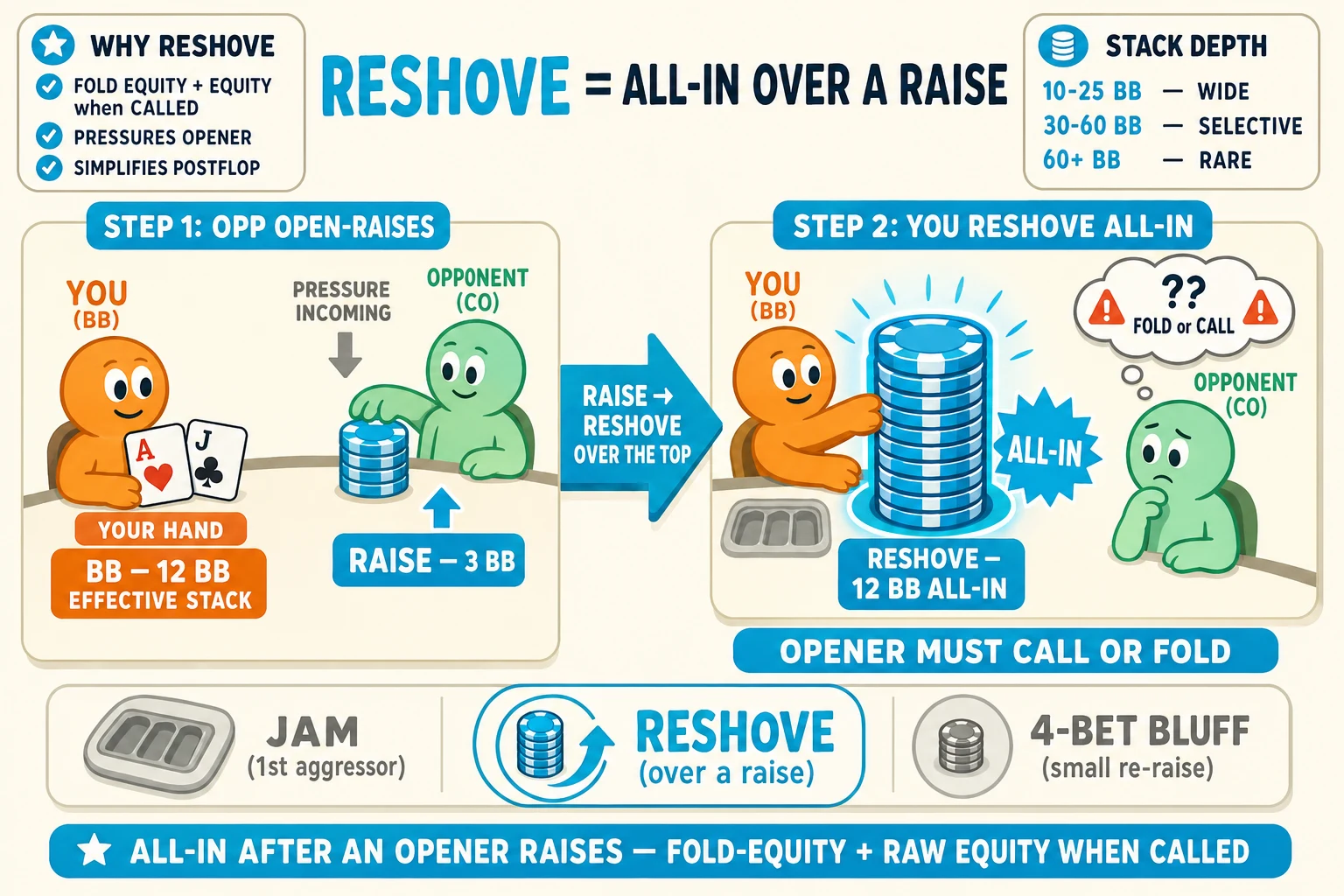 Two-frame reshove sequence on a warm cream background under a 'RESHOVE = ALL-IN OVER A RAISE' header (RESHOVE in cyan). Frame 1 'STEP 1: OPP OPEN-RAISES': orange YOU (BB) avatar on the left holding A♥ J♣ tagged 'YOUR HAND' with a 'BB — 12 BB EFFECTIVE STACK' tag; mint OPPONENT (CO) on the right pushing a chunky cyan 'RAISE — 3 BB' chip stack with cyan up-arrow and a 'PRESSURE INCOMING' grey arrow above. Frame 2 'STEP 2: YOU RESHOVE ALL-IN': same orange YOU now pushes a HUGE cyan chip stack ringed thick cyan with cyan glow halo and a chunky cyan ALL-IN starburst icon tagged 'RESHOVE — 12 BB ALL-IN'; greyed empty chip-tray behind YOU; mint OPP shows a worried '?? FOLD or CALL' thought-bubble with red-orange ⚠. Between the two frames a thick cyan arrow labelled 'RAISE → RESHOVE OVER THE TOP'. Top-left 'WHY RESHOVE' info card with cyan checkmarks 'FOLD EQUITY + EQUITY when CALLED', 'PRESSURES OPENER', 'SIMPLIFIES POSTFLOP'. Top-right 'STACK DEPTH' info card with three rows '10-25 BB — WIDE', '30-60 BB — SELECTIVE', '60+ BB — RARE'. Below frame 2 an 'OPENER MUST CALL OR FOLD' label. Bottom comparison strip with three pill-icons: greyed 'JAM (1st aggressor)' (chip-tray icon), cyan-highlighted 'RESHOVE (over a raise)' (chip-stack ringed cyan + arrow), greyed '4-BET BLUFF (small re-raise)' (small stack icon). Cyan pill at the bottom: 'ALL-IN AFTER AN OPENER RAISES — FOLD-EQUITY + RAW EQUITY WHEN CALLED'.