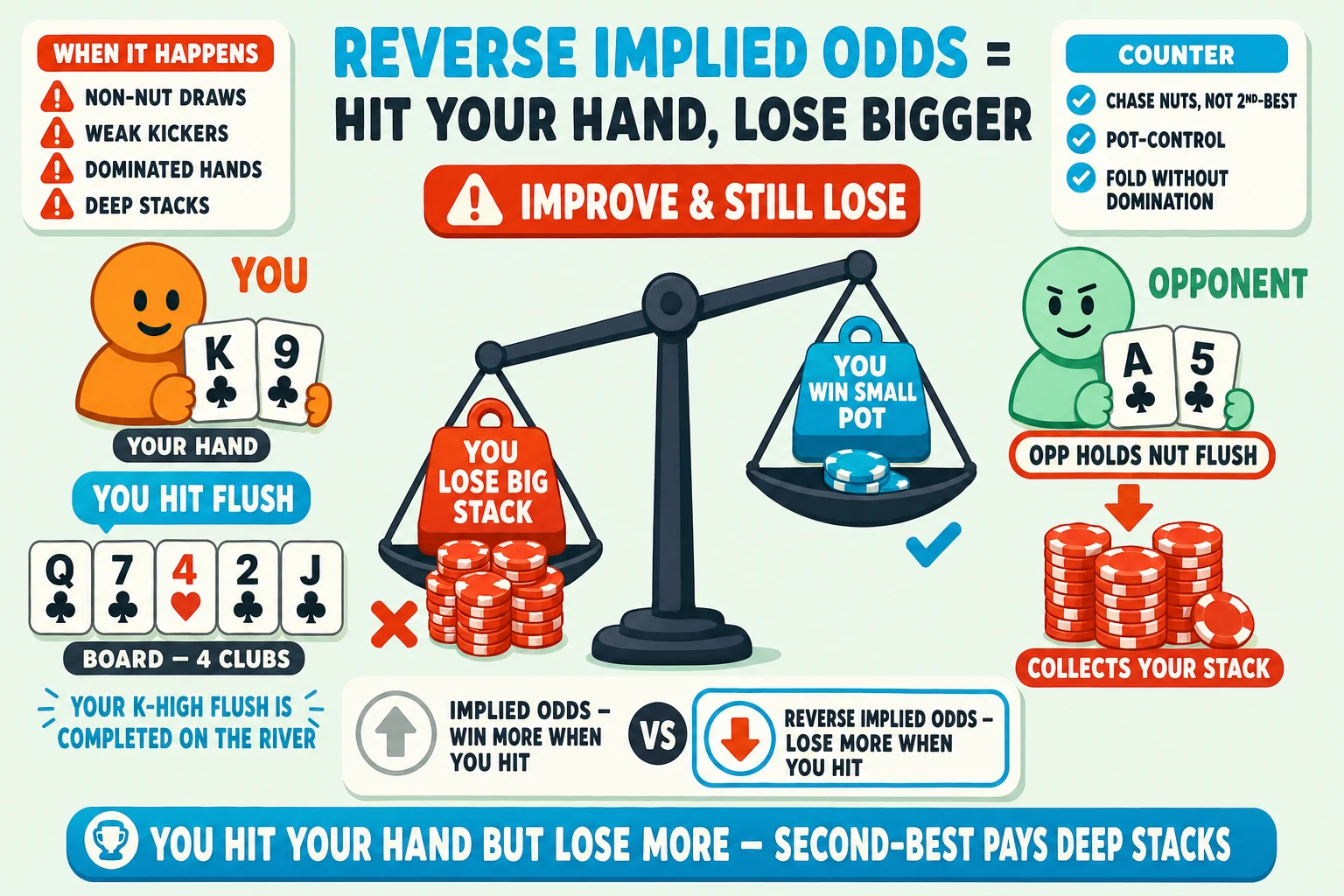 Tipping scale showing improve-but-still-lose on a pale mint background under a 'REVERSE IMPLIED ODDS = HIT YOUR HAND, LOSE BIGGER' header (REVERSE IMPLIED ODDS in cyan). Top: a chunky red-orange 'IMPROVE & STILL LOSE' banner with red-orange ⚠. Left: orange YOU avatar with K♣ 9♣ tagged 'YOUR HAND' and 'YOU HIT FLUSH' speech-pill; below YOU a board Q♣ 7♣ 4♥ 2♣ J♣ tagged 'BOARD — 4 CLUBS' showing the K-high flush completed on the river. Center: a chunky tilting balance-scale — left pan tipped DOWN holding a red-orange weight 'YOU LOSE BIG STACK' with chunky red-orange chip-pile + ✗; right pan tipped UP holding a cyan weight 'YOU WIN SMALL POT' with smaller cyan chip-pile + ✓. Right: mint OPPONENT avatar holding A♣ 5♣ tagged 'OPP HOLDS NUT FLUSH' ringed thick red-orange; below OPP a chunky red-orange 'COLLECTS YOUR STACK' chip-stack with red-orange down-arrow into a pot. Top-left 'WHEN IT HAPPENS' info card with red-orange ⚠ marks 'NON-NUT DRAWS', 'WEAK KICKERS', 'DOMINATED HANDS', 'DEEP STACKS'. Top-right 'COUNTER' info card with cyan checkmarks 'CHASE NUTS, NOT 2ND-BEST', 'POT-CONTROL', 'FOLD WITHOUT DOMINATION'. Below the scale a comparison strip: greyed 'IMPLIED ODDS — WIN MORE WHEN YOU HIT' (cyan up-arrow) vs cyan-highlighted ringed cyan 'REVERSE IMPLIED ODDS — LOSE MORE WHEN YOU HIT' (red-orange down-arrow). Cyan pill at the bottom: 'YOU HIT YOUR HAND BUT LOSE MORE — SECOND-BEST PAYS DEEP STACKS'.