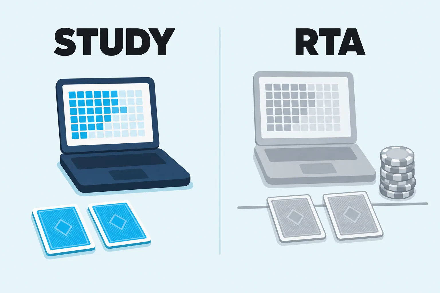 Two flat panels on a pale sky background. Under STUDY, a navy laptop displays a cyan range grid while two cyan-backed cards rest flat on the desk below it, away from any action. Under RTA, the identical laptop and grid sit greyed out beside two face-down cards pushed over a betting line next to a stack of chips.