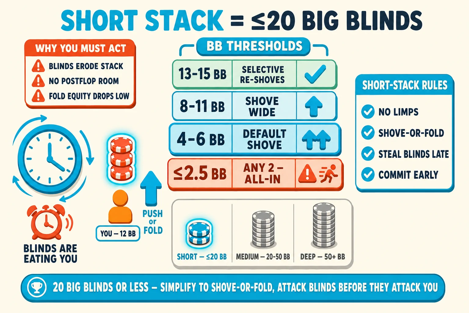 Survival-clock plus BB threshold table on a warm cream background under a 'SHORT STACK = ≤20 BIG BLINDS' header (SHORT STACK in cyan). Left: a chunky cyan analog SURVIVAL CLOCK with three sweeping cyan arrows plus a red-orange ALARM icon and 'BLINDS ARE EATING YOU' label below. To the right of the clock an orange YOU avatar with a SHORT 3-chip stack ringed thick cyan with cyan glow halo tagged 'YOU — 12 BB' and a cyan up-arrow tagged 'PUSH or FOLD'. Center: a vertical BB-THRESHOLD TABLE with four stacked rows — '13-15 BB — SELECTIVE RE-SHOVES' (mint, cyan ✓), '8-11 BB — SHOVE WIDE' (cyan-tinted, cyan up-arrow), '4-6 BB — DEFAULT SHOVE' (cyan-filled ringed cyan, cyan double up-arrow), '≤2.5 BB — ANY 2 — ALL-IN' (red-orange, ⚠ + shove-icon). Above the table a 'BB THRESHOLDS' brace pill. Right side: 'SHORT-STACK RULES' info card with cyan checkmarks 'NO LIMPS', 'SHOVE-OR-FOLD', 'STEAL BLINDS LATE', 'COMMIT EARLY'. Top-left 'WHY YOU MUST ACT' info card with red-orange ⚠ marks 'BLINDS ERODE STACK', 'NO POSTFLOP ROOM', 'FOLD EQUITY DROPS LOW'. Bottom comparison strip with three vertical chip-stack icons: cyan-highlighted ringed cyan 'SHORT — ≤20 BB' (small stack), greyed 'MEDIUM — 20-50 BB' (medium stack), greyed 'DEEP — 50+ BB' (tall stack). Cyan pill at the bottom: '20 BIG BLINDS OR LESS — SIMPLIFY TO SHOVE-OR-FOLD, ATTACK BLINDS BEFORE THEY ATTACK YOU'.