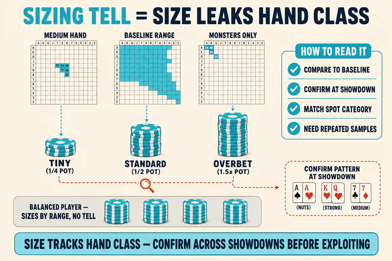 Sizing tell diagram under a 'SIZE TO HAND CLASS' header. Three chip stacks show tiny, standard, and overbet sizes mapped to different hand classes, while a baseline strip shows normal range-based sizing. A showdown card reminds readers to confirm the pattern across repeated hands.