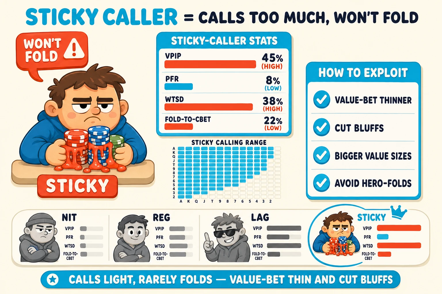 Sticky-caller character study on a warm cream background under a 'STICKY CALLER = CALLS TOO MUCH, WON'T FOLD' header (STICKY CALLER in cyan). Left: a peach avatar with a stubborn-determined-but-tired expression, hands gripping chips firmly, with chunky red-orange GLUE drips visualizing chips literally stuck/glued in front. A red-orange 'WON'T FOLD' speech-bubble with red-orange ⚠ above and a 'STICKY' chest badge. Center: 'STICKY-CALLER STATS' card with four data-bar rows 'VPIP — 45% (HIGH)' (long red-orange), 'PFR — 8% (LOW)' (short cyan), 'WTSD — 38% (HIGH)' (long red-orange), 'FOLD-TO-CBET — 22% (LOW)' (short red-orange); below it a 'STICKY CALLING RANGE' mini 13×13 grid showing about 45% cells cyan-tinted (a wide loose calling range). Right: 'HOW TO EXPLOIT' info card with cyan checkmarks 'VALUE-BET THINNER', 'CUT BLUFFS', 'BIGGER VALUE SIZES', 'AVOID HERO-FOLDS'. Bottom comparison strip with four character archetypes left-to-right: greyed 'NIT' (low bars, arms-crossed), greyed 'REG' (balanced bars), greyed 'LAG' (high bars), cyan-highlighted ringed cyan 'STICKY' (sticky-glue pose with crown). Cyan pill at the bottom: 'CALLS LIGHT, RARELY FOLDS — VALUE-BET THIN AND CUT BLUFFS'.