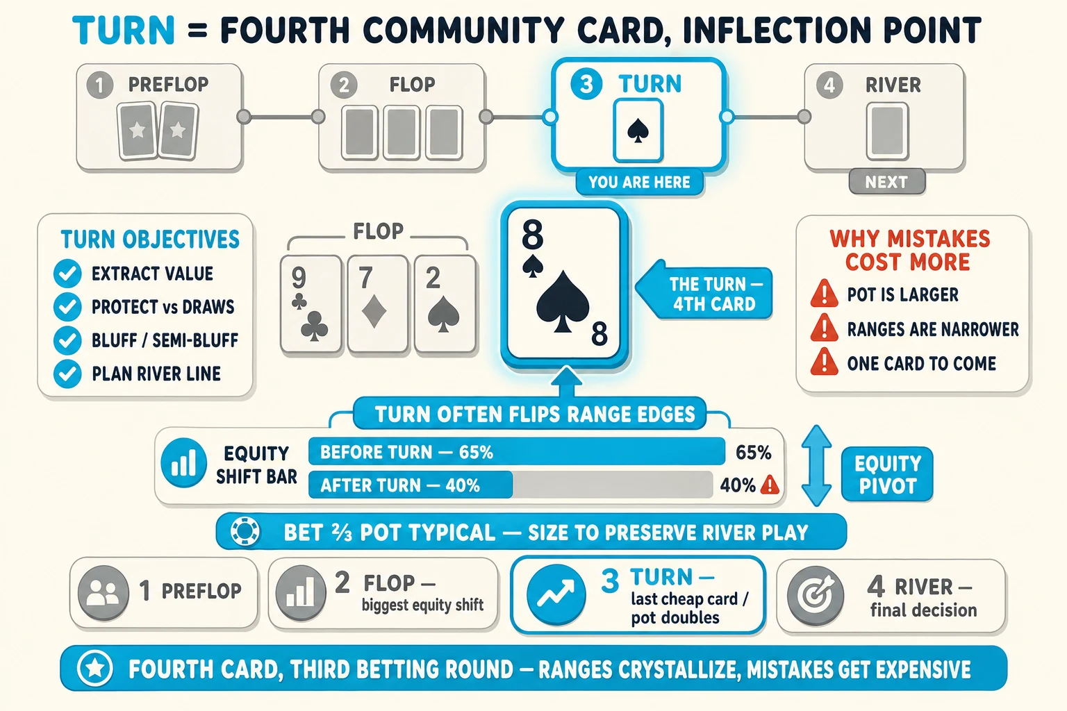 Four-street timeline with TURN highlighted as the inflection point on a warm cream background under a 'TURN = FOURTH COMMUNITY CARD, INFLECTION POINT' header (TURN in cyan). Top: a horizontal 4-street strip with PREFLOP and FLOP greyed flat, TURN highlighted thick cyan ringed cyan with cyan glow halo + 'YOU ARE HERE' tag, RIVER greyed flat with 'NEXT' tag. Center: a BIG chunky single playing card 8♠ ringed thick cyan with wide cyan glow halo tagged 'THE TURN — 4TH CARD'; behind it three small flop cards 9♣ 7♦ 2♠ in a faded grey row tagged 'FLOP'. Below: an EQUITY SHIFT BAR with two horizontal sub-bars 'BEFORE TURN — 65%' (cyan full-width) and 'AFTER TURN — 40%' (mostly grey, only 40% cyan, red-orange ⚠) plus a 'EQUITY PIVOT' up-down arrow. Above the bar a 'TURN OFTEN FLIPS RANGE EDGES' brace pill. Top-left 'TURN OBJECTIVES' info card with cyan checkmarks 'EXTRACT VALUE', 'PROTECT vs DRAWS', 'BLUFF / SEMI-BLUFF', 'PLAN RIVER LINE'. Top-right 'WHY MISTAKES COST MORE' info card with red-orange ⚠ marks 'POT IS LARGER', 'RANGES ARE NARROWER', 'ONE CARD TO COME'. Below the equity bar a 'BET ⅔ POT TYPICAL — SIZE TO PRESERVE RIVER PLAY' label. Bottom comparison strip with four street-icons: greyed 'PREFLOP', greyed 'FLOP — biggest equity shift', cyan-highlighted ringed cyan 'TURN — last cheap card / pot doubles', greyed 'RIVER — final decision'. Cyan pill at the bottom: 'FOURTH CARD, THIRD BETTING ROUND — RANGES CRYSTALLIZE, MISTAKES GET EXPENSIVE'.