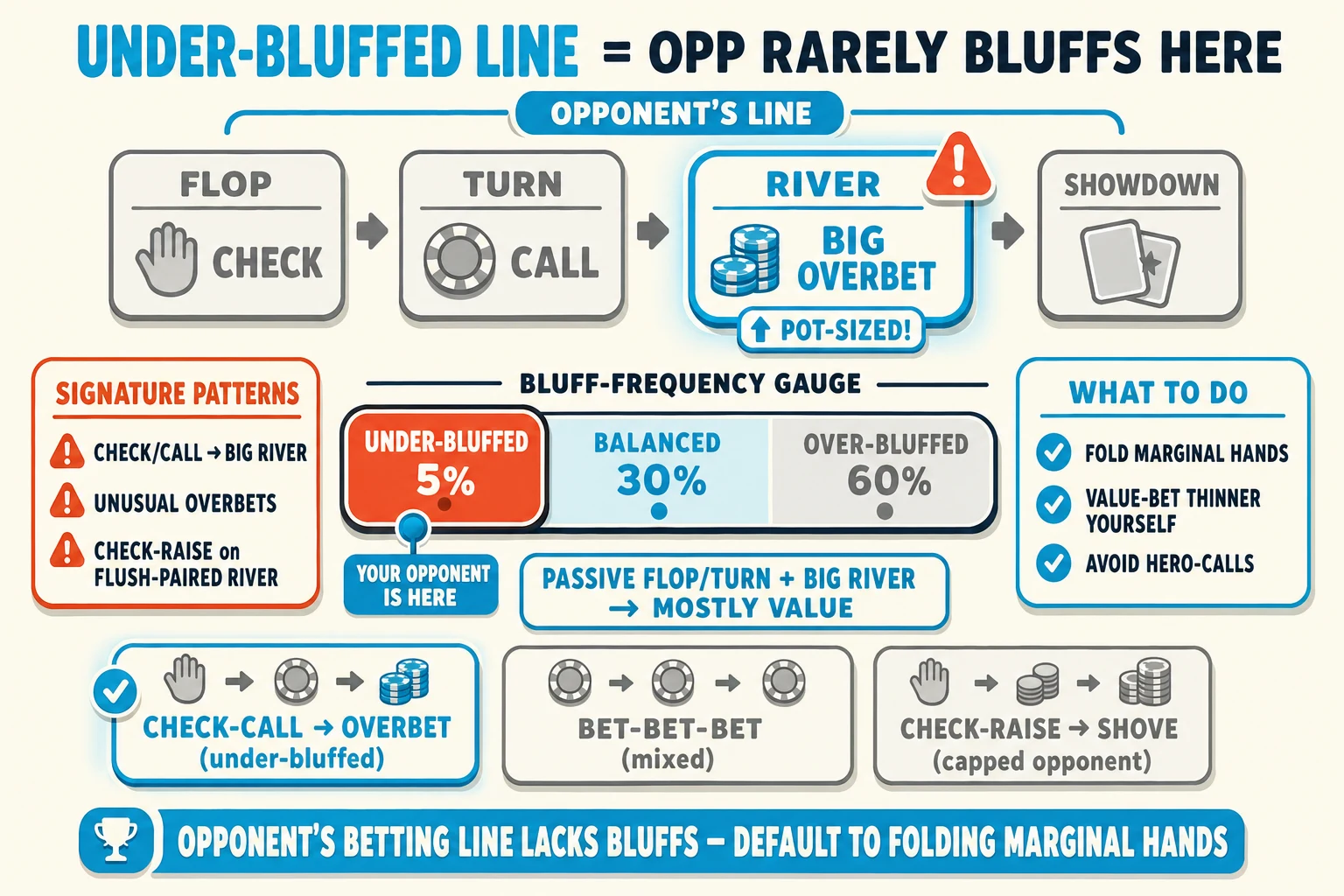 Under-bluffed line betting pattern on a warm cream background under an 'UNDER-BLUFFED LINE = OPP RARELY BLUFFS HERE' header (UNDER-BLUFFED LINE in cyan). Top: a horizontal 4-step betting-pattern strip showing the OPPONENT's line — 'FLOP — CHECK' (greyed flat), 'TURN — CALL' (greyed flat), 'RIVER — BIG OVERBET' (cyan-highlighted ringed thick cyan with cyan glow halo + red-orange ⚠ + 'POT-SIZED!'), 'SHOWDOWN' (greyed). Above the strip 'OPPONENT'S LINE' brace pill. Center: a horizontal BLUFF-FREQUENCY GAUGE with three labelled bands — red-orange 'UNDER-BLUFFED — 5%' (left, ringed thick red-orange with cyan dot pointer 'YOUR OPPONENT IS HERE'), cyan-tinted 'BALANCED — 30%' (middle), greyed 'OVER-BLUFFED — 60%' (right). Below the gauge a 'PASSIVE FLOP/TURN + BIG RIVER → MOSTLY VALUE' label. Right: 'WHAT TO DO' info card with cyan checkmarks 'FOLD MARGINAL HANDS', 'VALUE-BET THINNER YOURSELF', 'AVOID HERO-CALLS'. Left: 'SIGNATURE PATTERNS' info card with red-orange ⚠ marks 'CHECK/CALL → BIG RIVER', 'UNUSUAL OVERBETS', 'CHECK-RAISE on FLUSH-PAIRED RIVER'. Below the gauge a comparison strip with three example lines: cyan-highlighted ringed cyan 'CHECK-CALL → OVERBET (under-bluffed)' / greyed 'BET-BET-BET (mixed)' / greyed 'CHECK-RAISE → SHOVE (capped opponent)'. Cyan pill at the bottom: 'OPPONENT'S BETTING LINE LACKS BLUFFS — DEFAULT TO FOLDING MARGINAL HANDS'.