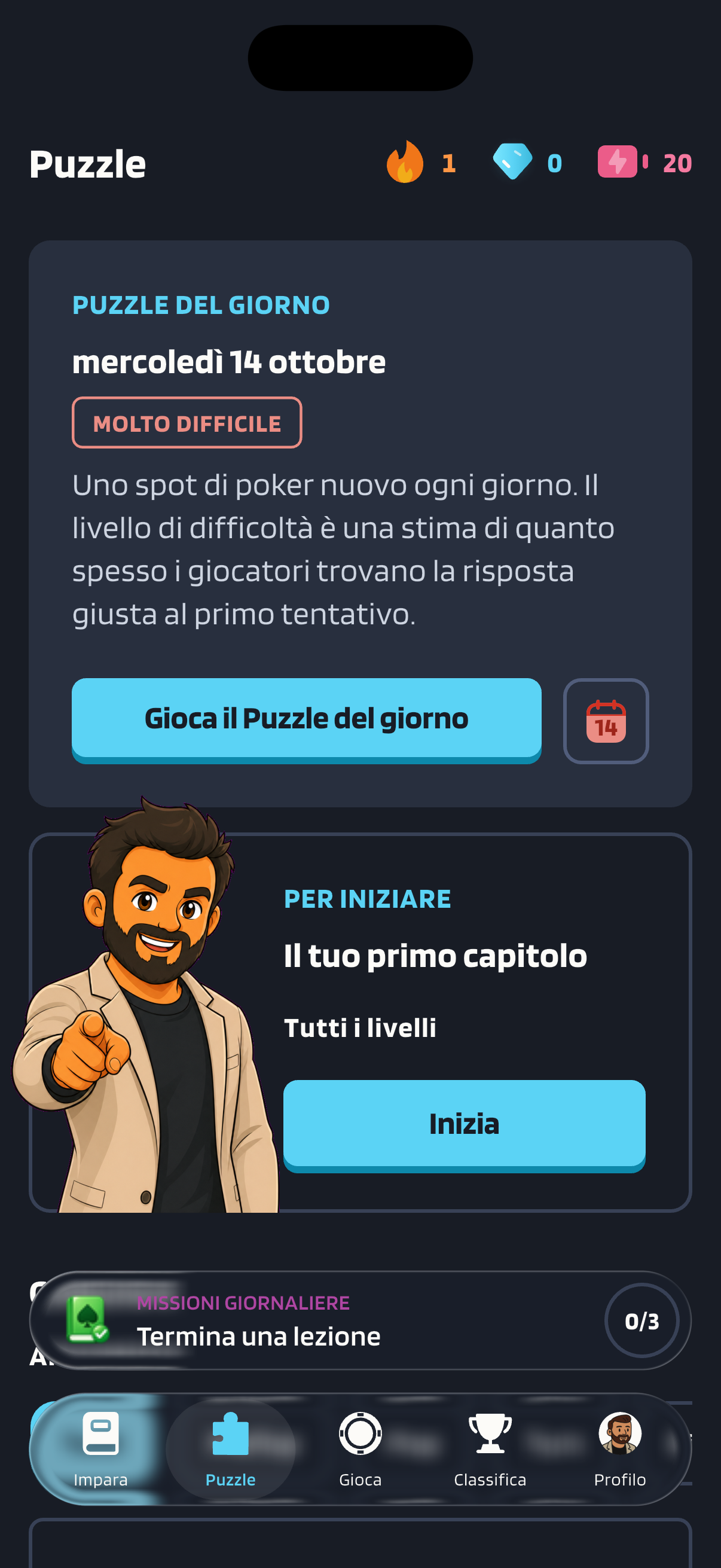 La scheda Puzzle, dove il Puzzle del giorno di mercoledì 14 ottobre è indicato come “Molto difficile” e ha il pulsante “Gioca il Puzzle del giorno”.
