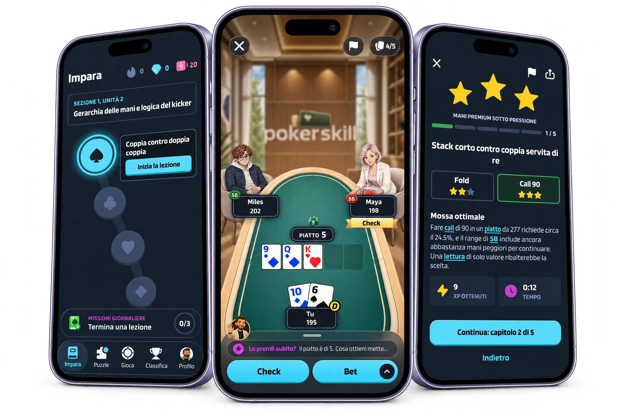 Tre telefoni con l’app di poker Poker Skill: la lezione “Coppia contro doppia coppia”, una mano nella modalità Allenamento contro l’IA con Miles e Maya, in cui Coach Max ti chiede se vuoi prendere subito il piatto, e il puzzle “Stack corto contro coppia servita di re” risolto con la mossa ottimale.