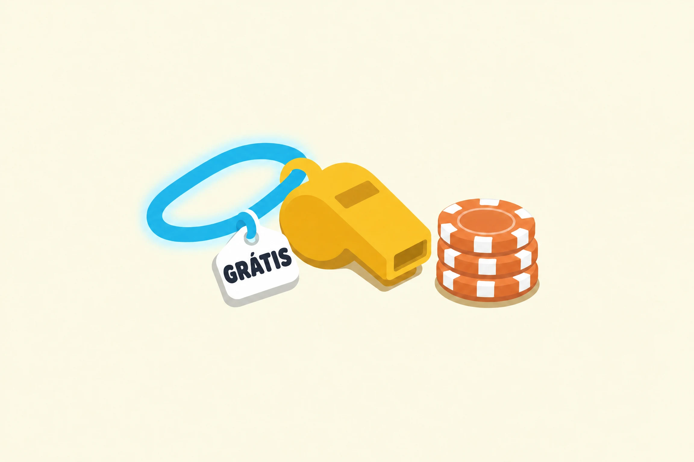Coaching de poker grátis: um apito amarelo de coach preso a um cordão ciano luminoso, com uma etiqueta branca onde se lê GRÁTIS, ao lado de três fichas de poker laranja empilhadas, sobre um fundo creme.