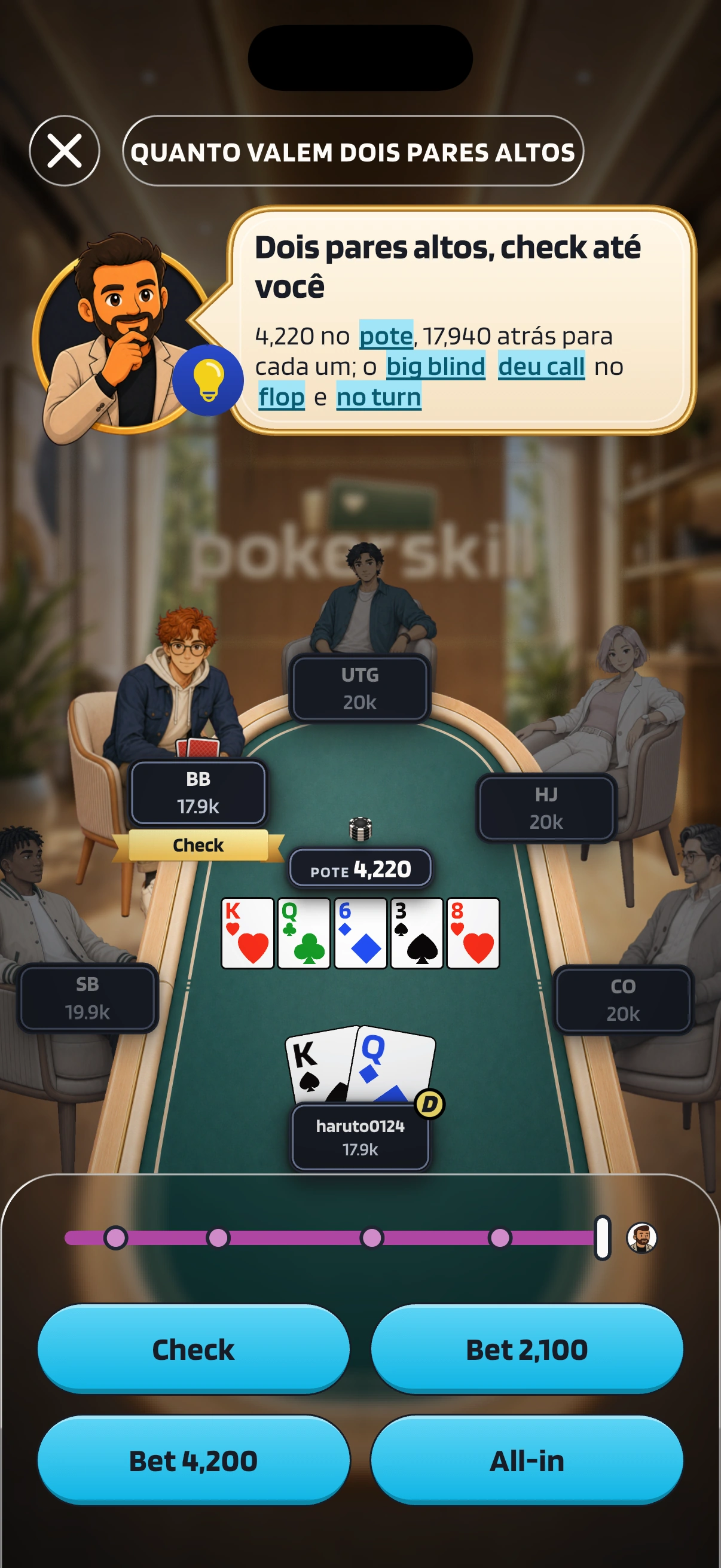 Uma mão do Puzzle diário no river: você está no botão com o rei de espadas e a dama de ouros, Coach Max diz “Dois pares altos, check até você”, há 4,220 no pote e os botões são Check, Bet 2,100, Bet 4,200 e All-in.