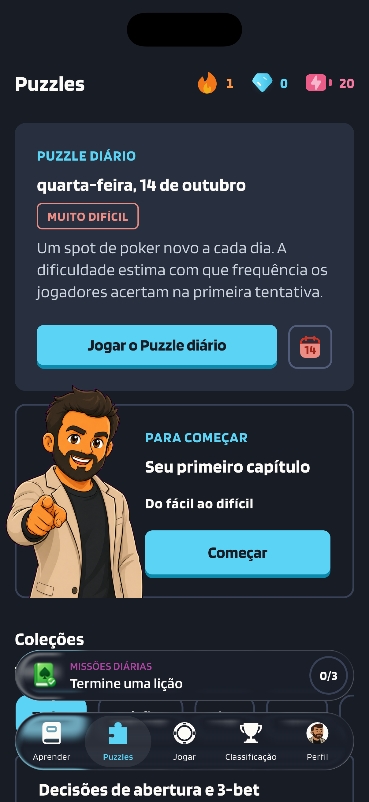 A aba Puzzles, com o Puzzle diário de quarta-feira, 14 de outubro, marcado como “Muito difícil” e o botão “Jogar o Puzzle diário”.